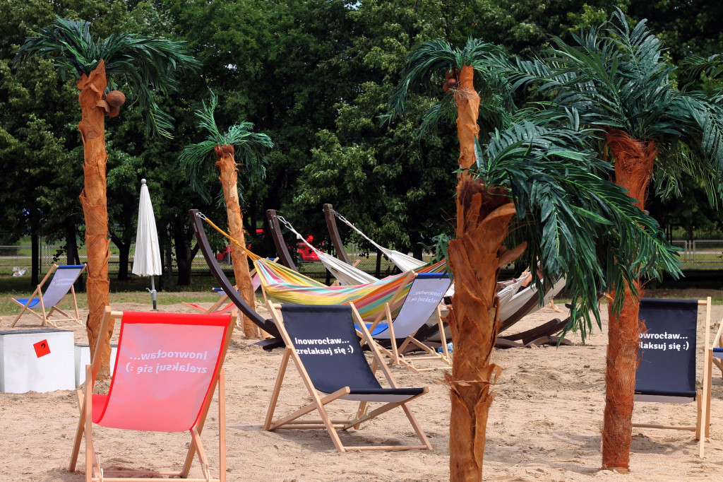 Egzotyczna plaża przed halą widowiskowo-sportową