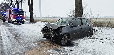 Auto wpadło na drzewo. Dwie osoby w szpitalu, ślisko na drogach