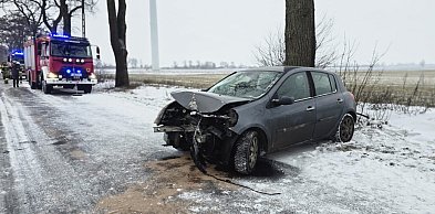 Auto wpadło na drzewo. Dwie osoby w szpitalu, ślisko na drogach