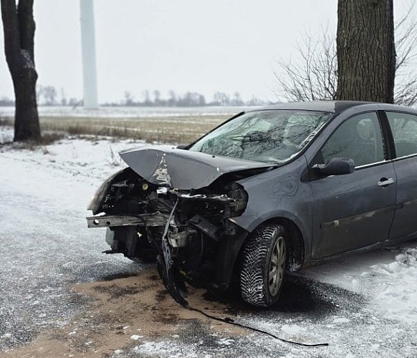 Auto wpadło na drzewo. Dwie osoby w szpitalu, ślisko na drogach