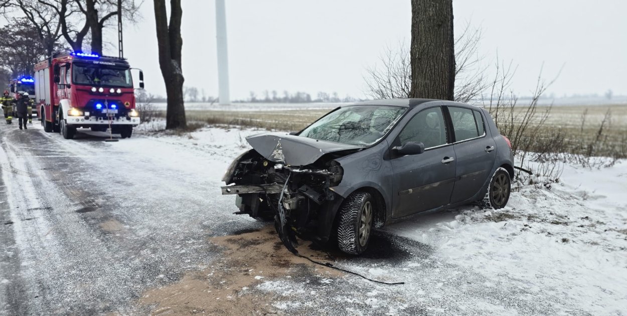 Auto wpadło na drzewo. Dwie osoby w szpitalu, ślisko na drogach