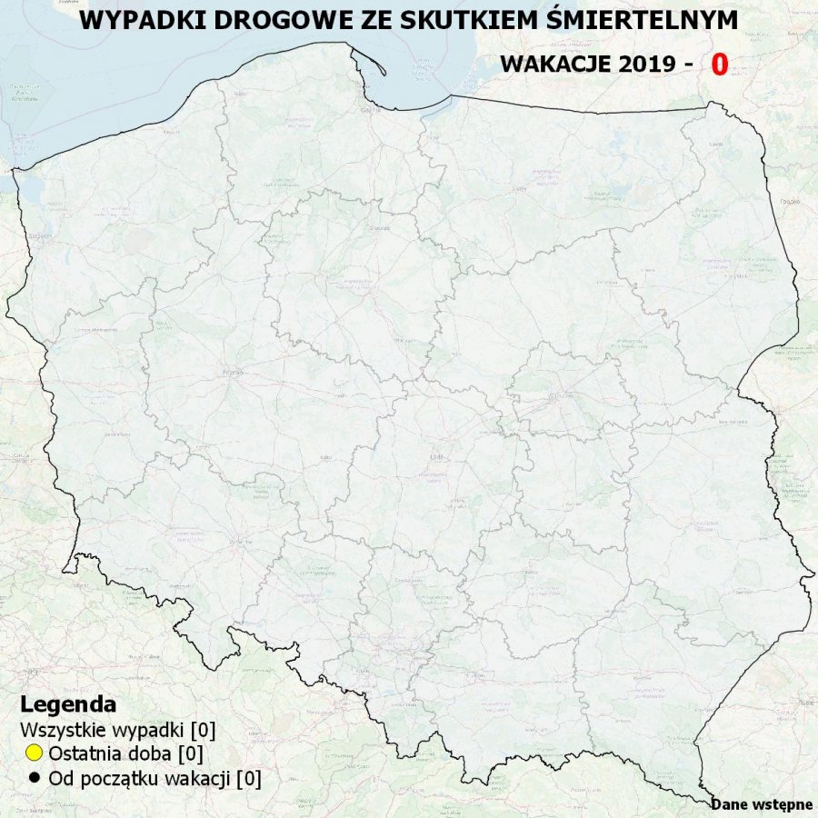 Mapa Polski na której zaznaczane będą w kolejnych dniach punkty gdzie doszło do wypadków ze skutkiem śmiertelnym