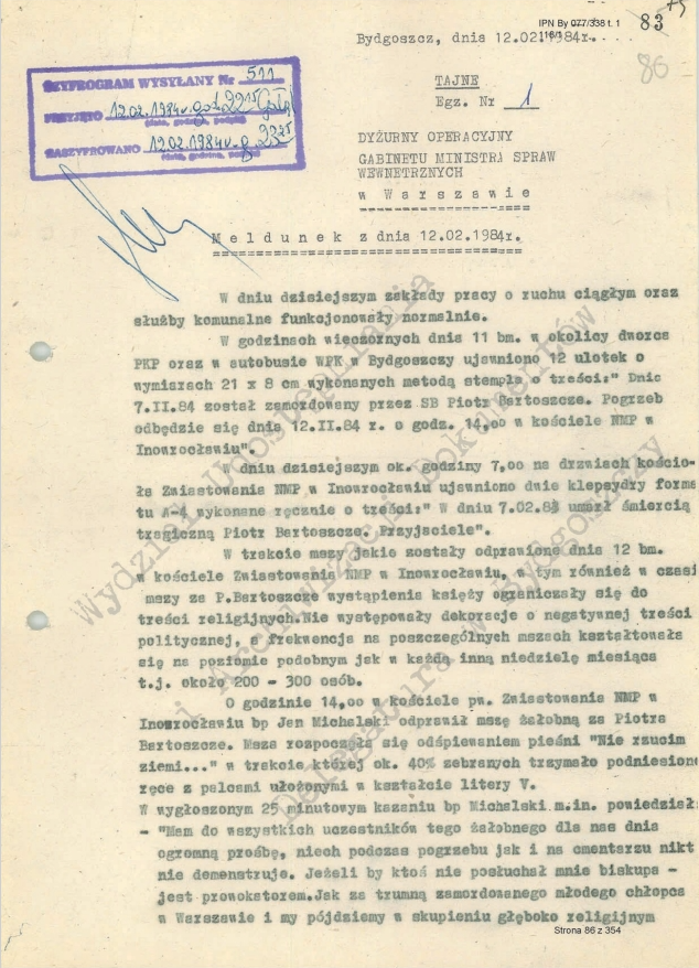 Meldunek płk. Stefana Stefanowskiego o uroczystościach pogrzebowych Piotra Bartoszcze w Inowrocławiu. (IPN)