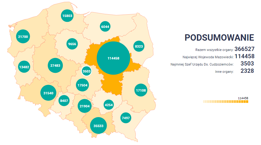 Mapa pokazująca Aktualne dokumenty dotyczy liczby cudzoziemców posiadających aktualnie ważne dokumenty uprawniające do pobytu w Polsce (nie mylić z liczbą wydanych zezwoleń na pobyt w danym roku).